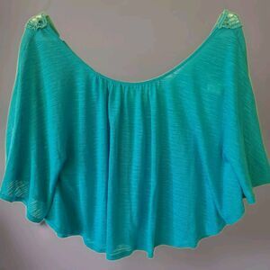 Ciel Bleu Womens Jrs Dolman Sleeve Top Blouse Blue Floral Crochet Back Sz S